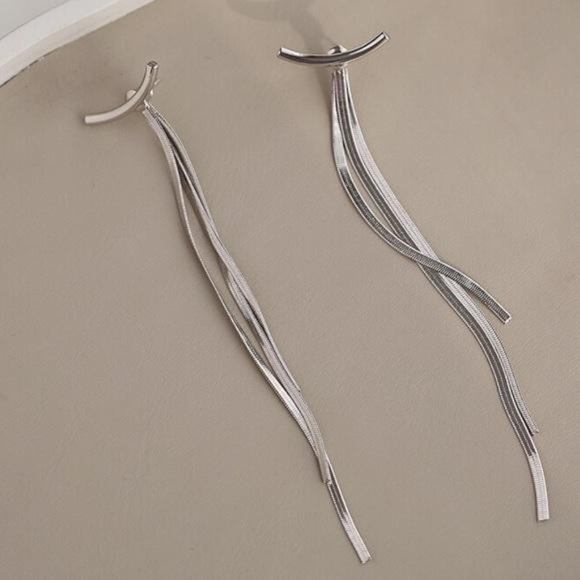 NEW STERLING SILVER BAR LONG TASSEL ARC EARRINGS - Picture 3 of 6